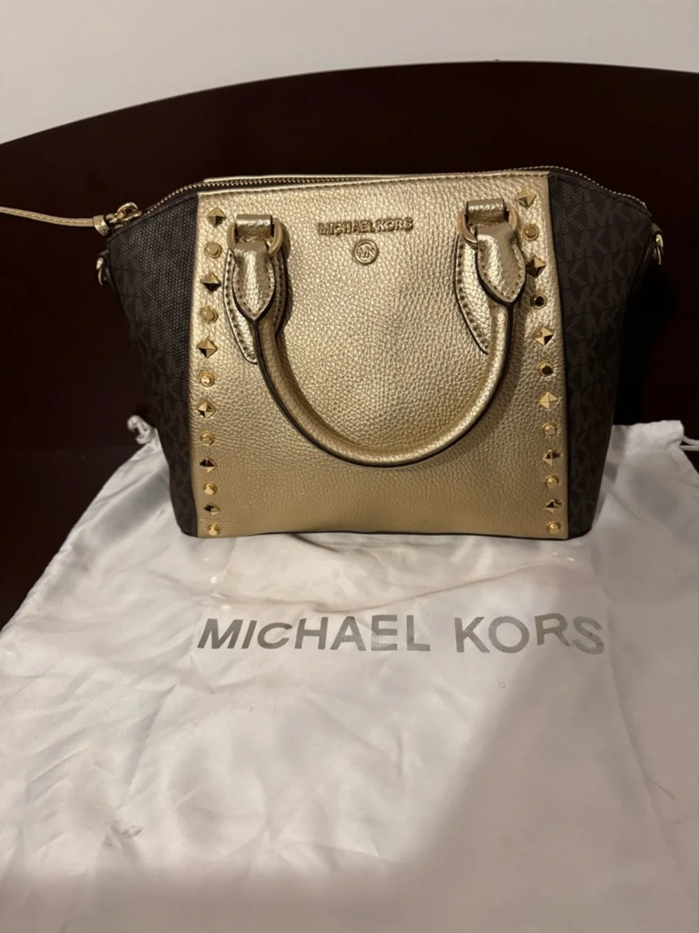 Michael Kors Gold and Brown Logo Satchel - Picture 2 of 7